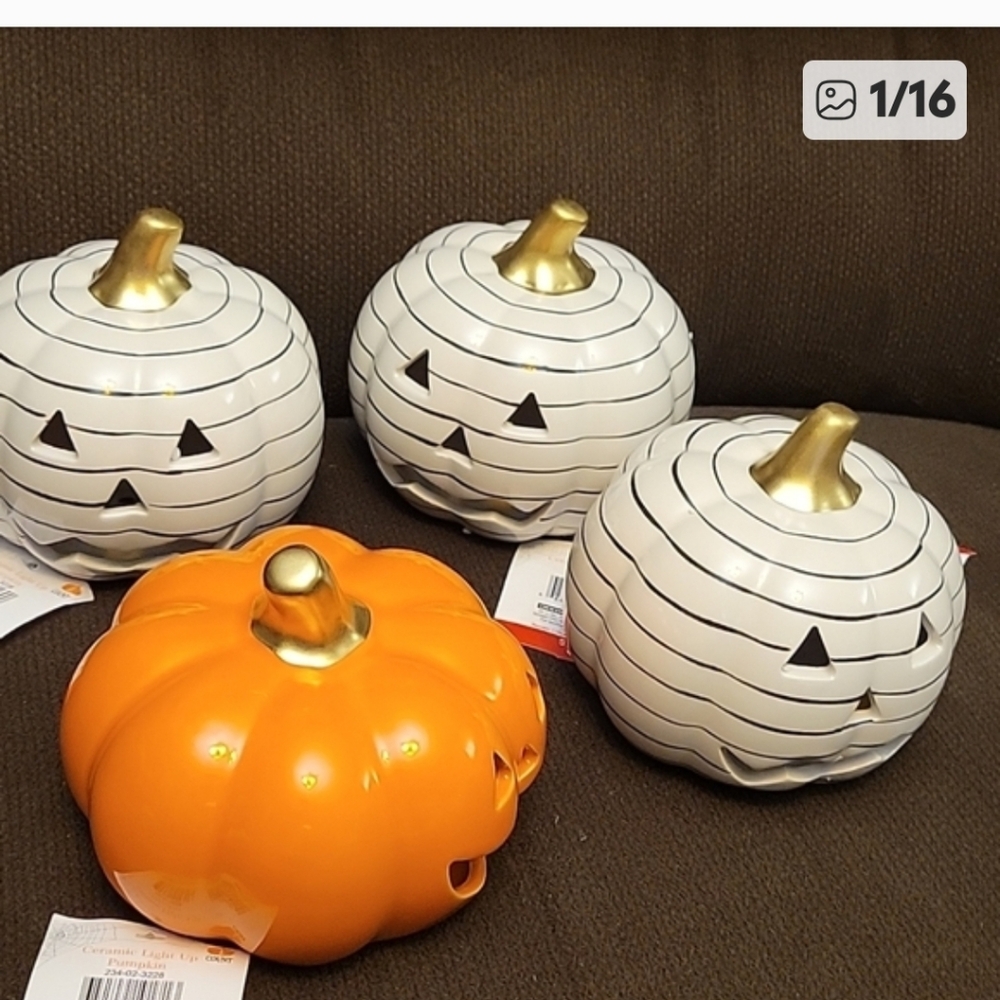 Gold Stem Orange Pumpkin & White Ceramic Pumpkin With Black Circles Pattern - Picture 1 of 11